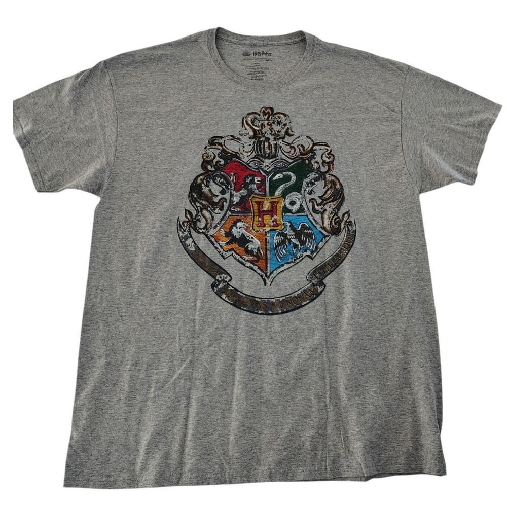 Harry Potter Hogwarts Crest Graphic T-Shirt Mens XL Gray Wizarding World AB1010